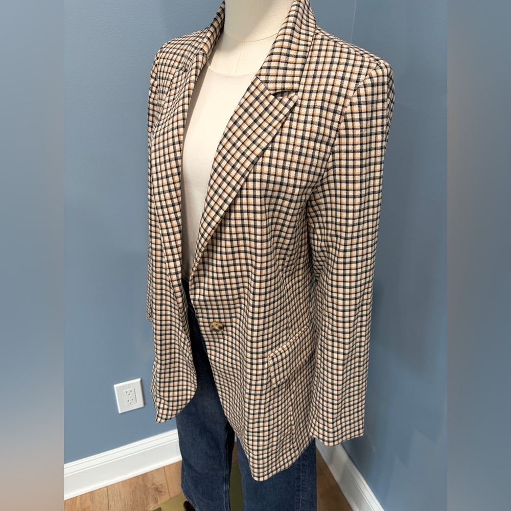 Marled Plaid Blazer Small Neutral Check Tailored Academia Preppy Jacket